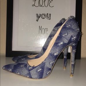 Denim Stilletos with shredded accents throughout